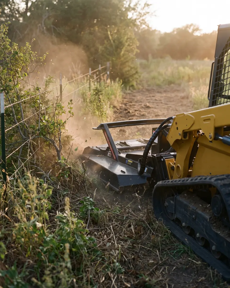 A yellow compact track loader with a rotary brush cutter clearing thick brush along a fence line
