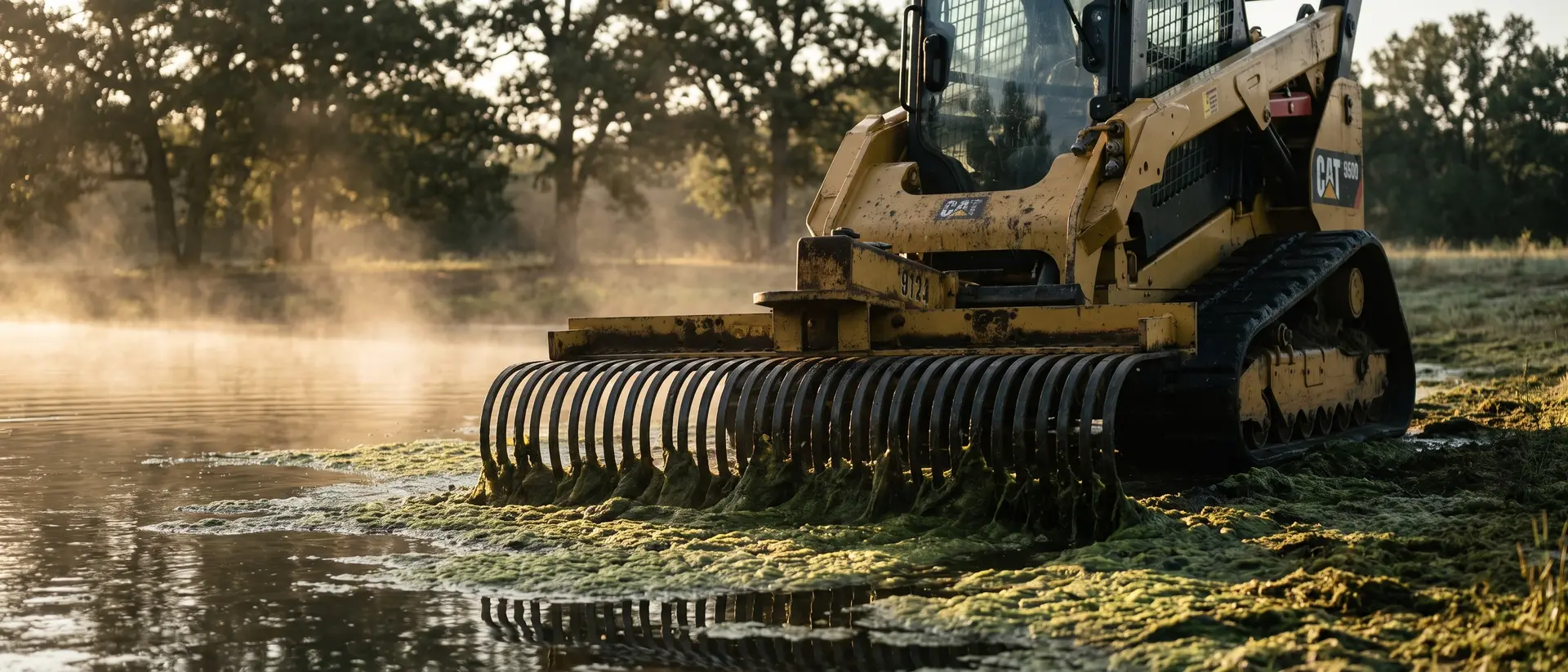 Cinematic wide view of a compact track loader raking algae from a misty Texas ranch pond at golden hour
