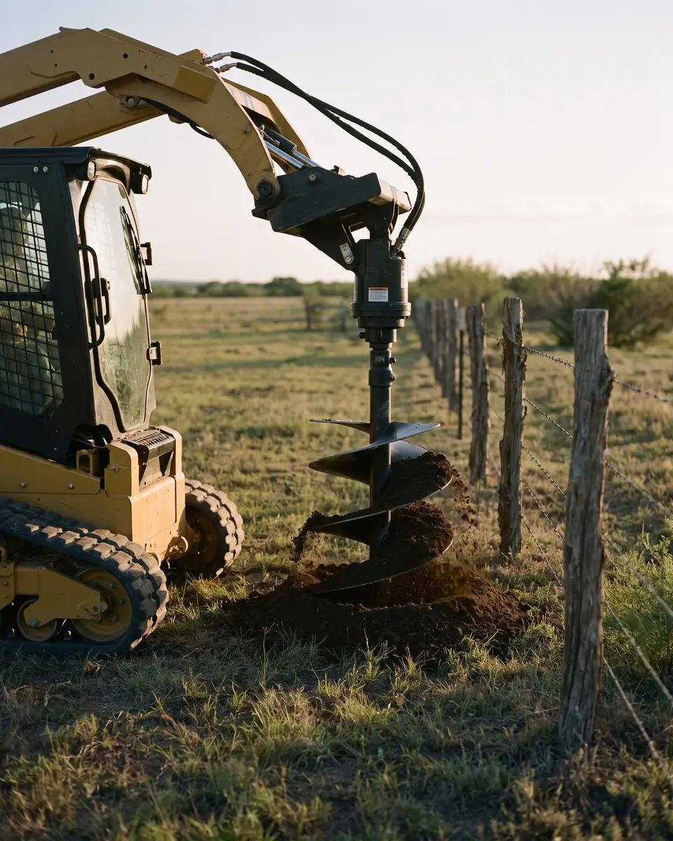 A yellow compact track loader with a hydraulic auger drilling a clean post hole beside a ranch fence line