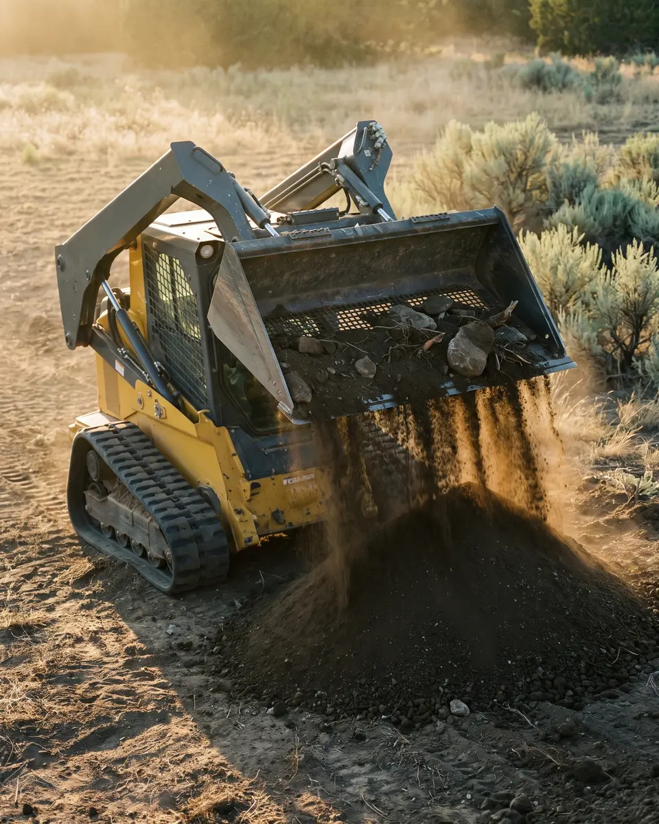 A yellow compact track loader with a screening bucket sifting clean topsoil from rocky dirt