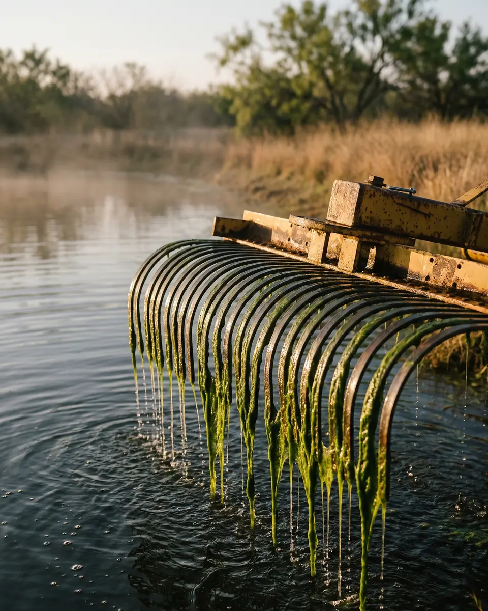 Steel rake tines lifting a thick dripping mat of green algae out of dark pond water