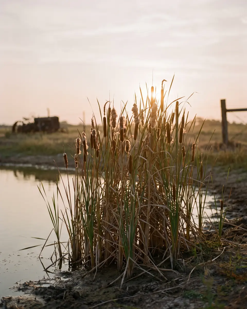 A dense stand of tall brown-headed cattails at the muddy edge of a ranch pond