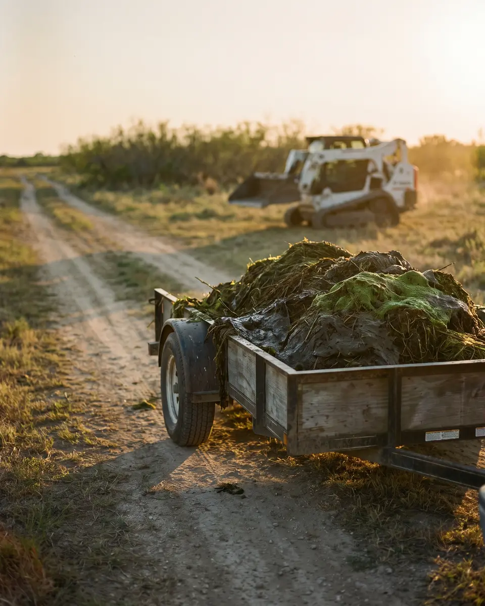 A utility trailer loaded with a heap of wet dark pond vegetation and debris on a ranch track