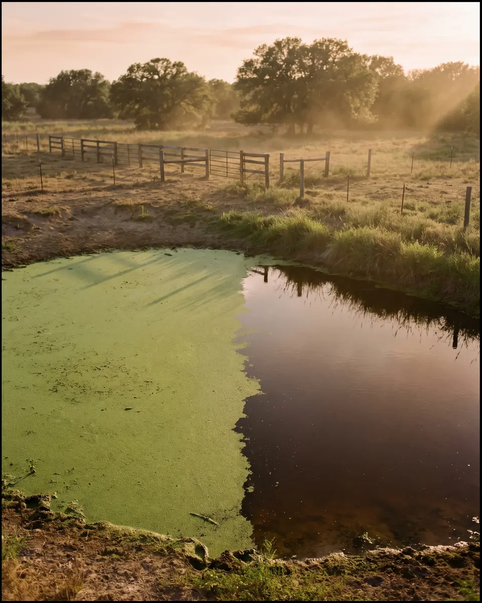 A pond surface half covered in bright green duckweed and half cleared to open dark water