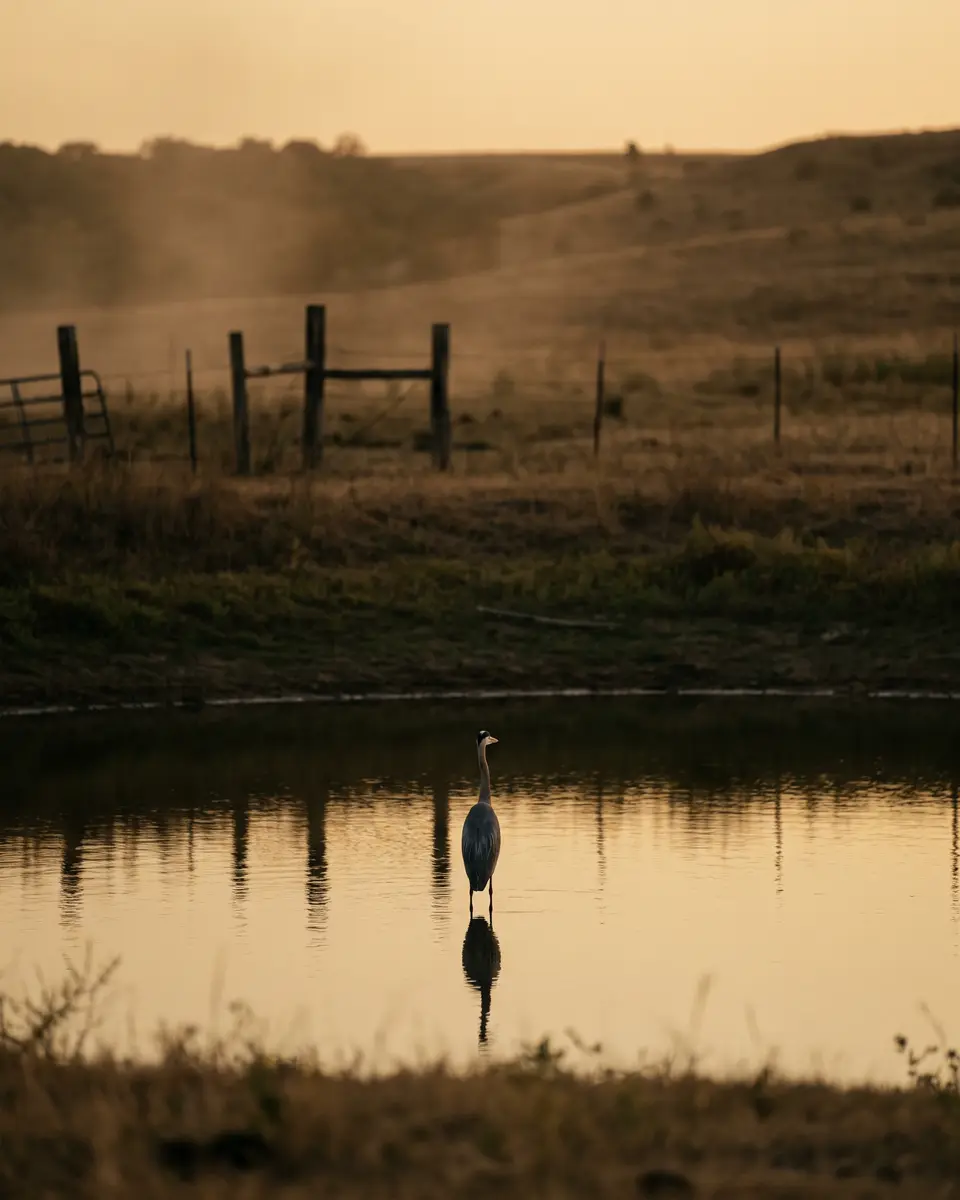 A clean dark reflective ranch pond at dusk with a great blue heron standing at the shallow edge