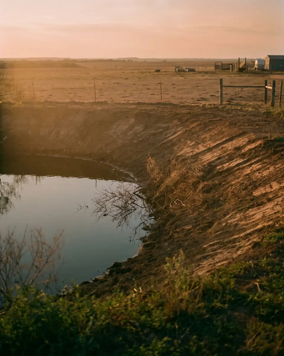 A freshly cleared pond shoreline with a clean firm bank and open calm water