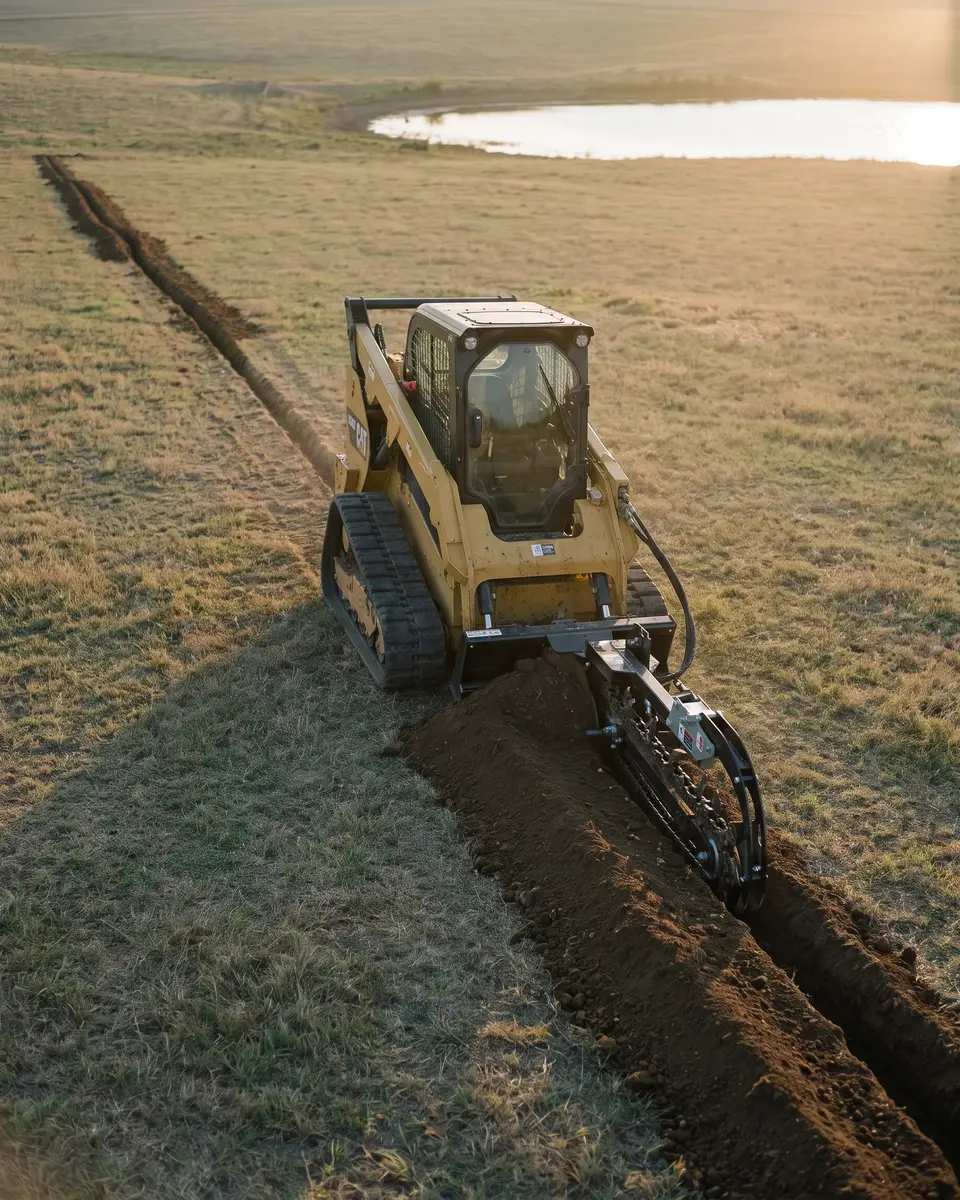 A yellow compact track loader with a trencher cutting a straight narrow trench across a pasture
